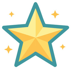 Obraz premium Bright shining golden star icon with teal border and surrounding twinkling sparkles for achievement and success