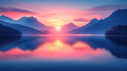 Fototapeta premium Serene Sunset over Mountain Lake: The sun dips below the horizon, painting the sky with vibrant hues, reflected in the calm waters, creating a tranquil vista.