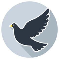 Obraz premium Minimalist flying dove icon symbol with modern long shadow effect and circular background