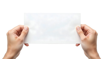 Two Hands Holding Blank White Horizontal Paper Card or Postcard Isolated on White Background for Mockups, Messages, and Copy Space