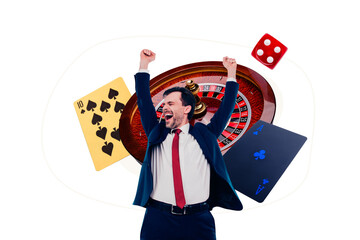 Composite photo collage of excited man win jackpot success roulette poker game card combination...
