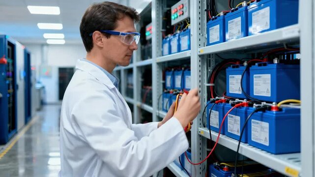 Engineer conducts a battery backup system check in a clean indoor facility to verify performance and readiness for power failures.