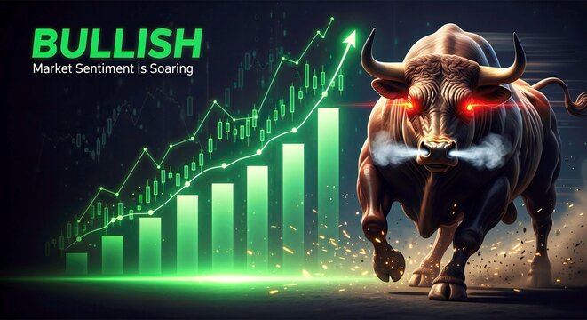 Bullish Market Sentiment with Aggressive Bull and Abstract Rising Graphs