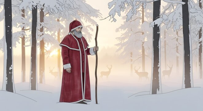 Santa claus walking in a snowy forest with reindeer in the background