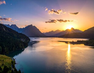 Fototapeta premium Aerial view of a mountain lake at sunset, reflecting the vibrant sky, with forested slopes