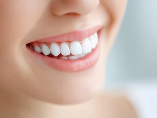 Obraz premium Smiling woman with perfect white teeth showcases dental health and hygiene, highlighting confidence and beauty in a bright, clean environment with soft lighting