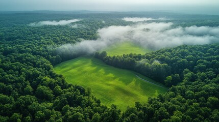 Obraz premium Emerald Canopy: An aerial vista captures the lush expanse of a verdant forest, where sunlight spills into a hidden meadow, creating an intimate contrast between earth and sky.