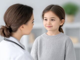 Obraz premium Female pediatrician interacting with young girl in a cozy medical office, showcasing a caring atmosphere and professional healthcare environment for children