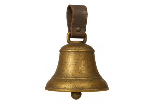 Vintage brass cowbell with leather strap, traditional rustic sound instrument, transparent background