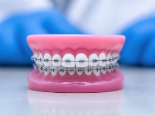 Dental model showcasing orthodontic braces on a pink base, highlighting the alignment of teeth and the intricate details of dental care and orthodontic treatment process