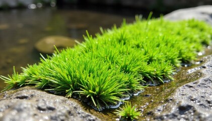 Gentle embrace of nature s textures Soft moss on ancient stone, sun dappled leaves, and flowing water. Close up, macro photography of soft, velvety green moss growing on a weathered, grey stone
