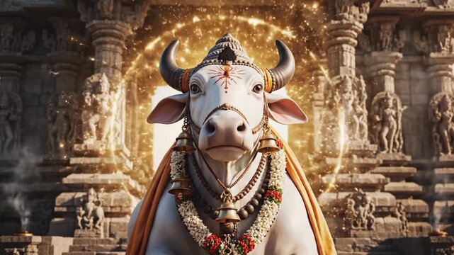 Majestic Sacred Nandi Bull with Divine Aura in Ornate Ancient Hindu Temple