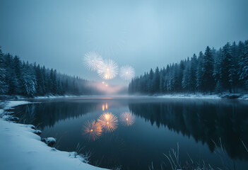 Fireworks display over snowy forest lake at twilight