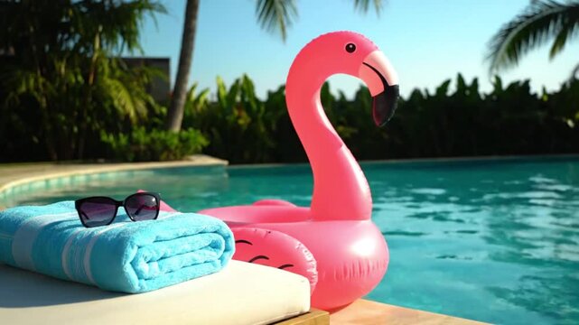 A vibrant pink flamingo float, a blue towel, and sunglasses rest by a sparkling swimming pool.