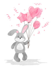 Toy bunny with pink balloons. Baby shower girl card design. Vector watercolor illustration	