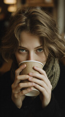 European woman enjoying takeaway coffee outdoors