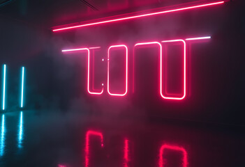 Pink and blue neon lights in dark room with reflections