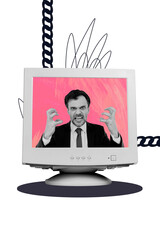 Exclusive image vertical collage of angry businessman inside pc monitor screen chain trap modern...