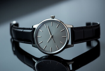 Silver cased wristwatch with grey dial and black leather strap