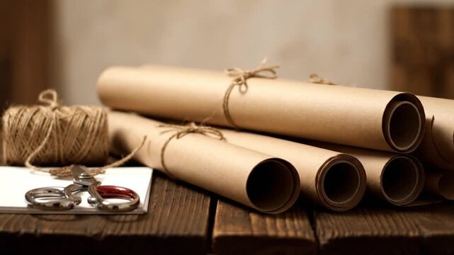 Rustic crafting supplies: brown paper rolls, natural twine, and scissors on wood