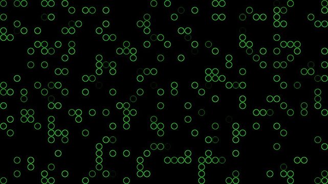 Animation minimalist abstract pattern of green glowing circles scattered on a black background. abstract binary code.