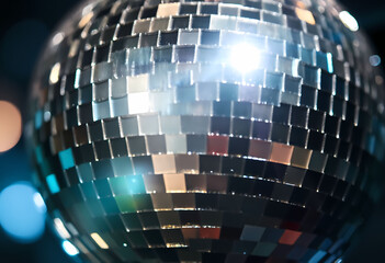 Close up detail of disco ball with light reflections and bokeh