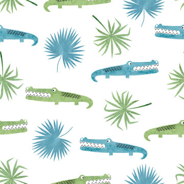 Seamless cartoon watercolor crocodile pattern. Vector background with alligators