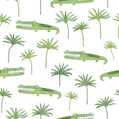Fototapeta premium Seamless cartoon watercolor crocodile and tropical leaves pattern. Vector illustration