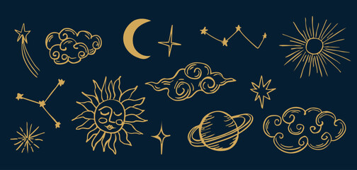 Line art celestial elements collection. Hand drawn illustration