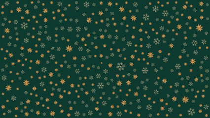 Festive snowflake pattern on dark green background with gold and white flakes and dots. Perfect for holiday designs, wrapping paper, seasonal decor, and winter-themed digital assets