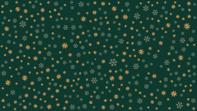 Festive snowflake pattern on dark green background with gold and white flakes and dots. Perfect for holiday designs, wrapping paper, seasonal decor, and winter-themed digital assets