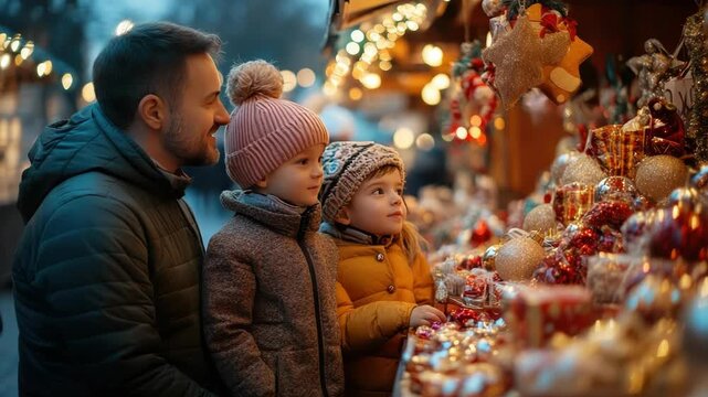 Family with children exploring Christmas market, looking at festive stalls and decorations