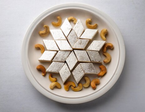 Cashew, sugar, and mava are used to make the diamond-shaped Indian dessert known as kaju katli.