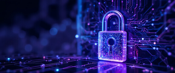 abstract glass dark blue gradient glowing futuristic connected point blur copper circuit wall, 3d digital lock with deep key hole made of glass in purple, blue, and cyan colors, copy space in the righ