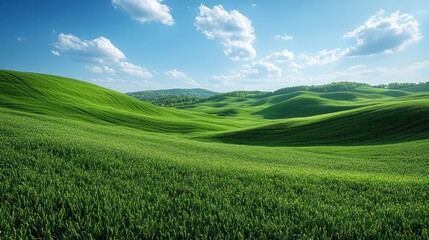 Fototapeta premium Rolling Green Hills: A panoramic view of rolling green hills stretches towards the horizon under a bright blue sky dotted with fluffy white clouds, capturing the serene beauty of the countryside.