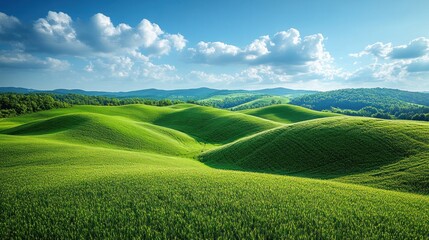 Obraz premium Rolling Green Hills: A serene vista unfolds, with undulating emerald hills caressed by the gentle touch of sunlight under a bright, cloud-dotted sky, painting a picture of tranquility.