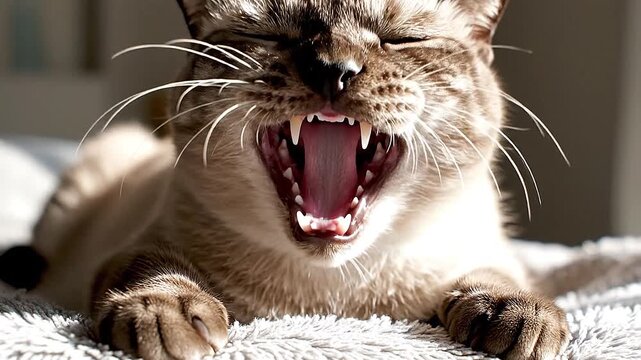 Mid-yawn, a cat's mouth is wide open, showing its pink tongue and sharp teeth.
