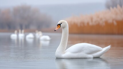 Fototapeta premium Elegant White Swan Glides Gracefully Across a Calm Misty Lake Surrounded by Other Swans and Reeds in Soft Winter Light