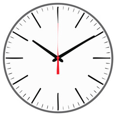 Simple clock face with black and red hands, isolated