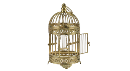 Ornate Vintage Brass Birdcage with Open Door on White Background.