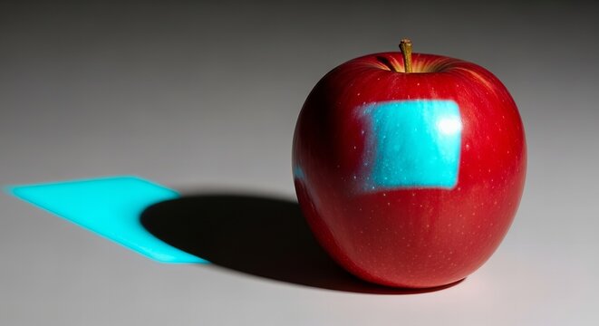 Close up of a red apple with a blue square and shadow still life food photography tutorial ideas