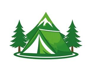 Obraz premium Camping Adventure - A Green Tent Amidst Pine Trees and Snowy Peaks.