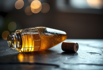 Clear bottle with wire cage, golden liquid, and cork stopper