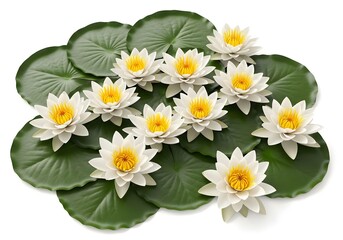 Obraz premium A beautiful arrangement of white water lilies with vibrant yellow centers, showcasing their delicate petals and lush green lily pads, isolated on a clean white background