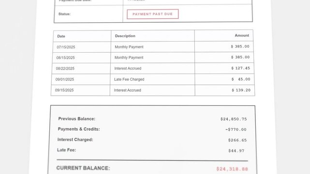 Student loan statement display with past due payment status alert