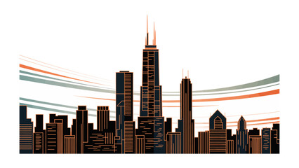 Obraz premium Urban Silhouette: A captivating silhouette of a city skyline, presenting the architectural grandeur against a vivid sky with sweeping lines. 