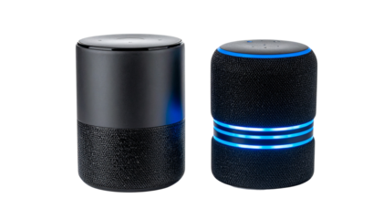 Modern Smart Speaker Duo with Blue Accent in One Frame Isolated on Transparent Background