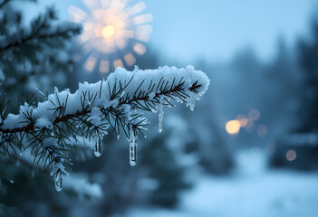 Snow covered pine branch with icicles and blurred lights