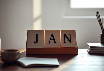 Wooden calendar block JAN on desk with notebooks and sunlight