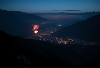 Fireworks display over mountain valley town at night